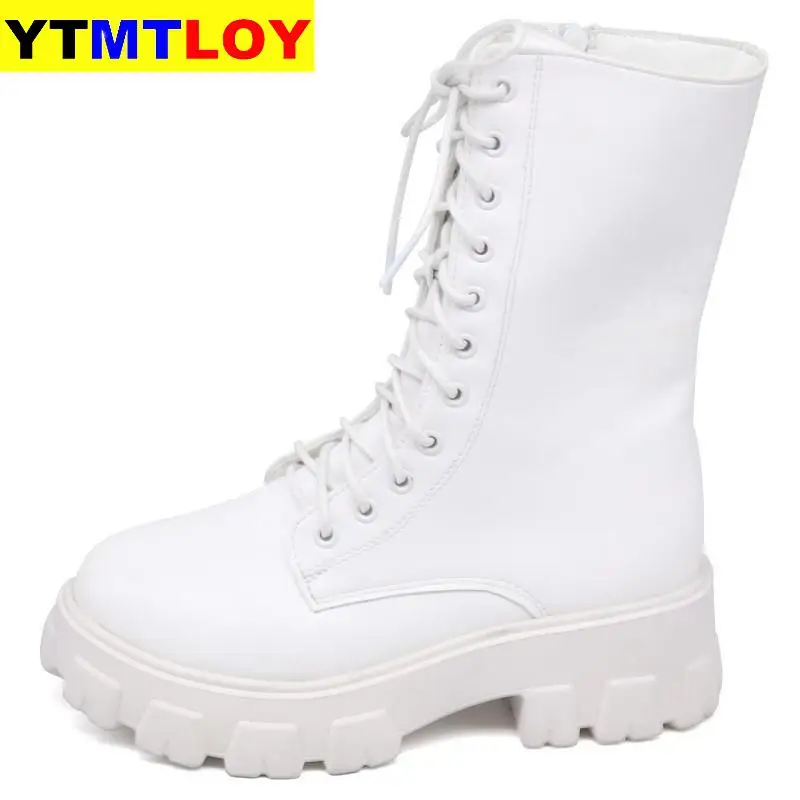 Sping-Botas de combate Punk para mujer, botines blancos con plataforma de cuero negro, botas góticas, para otoño, 2020