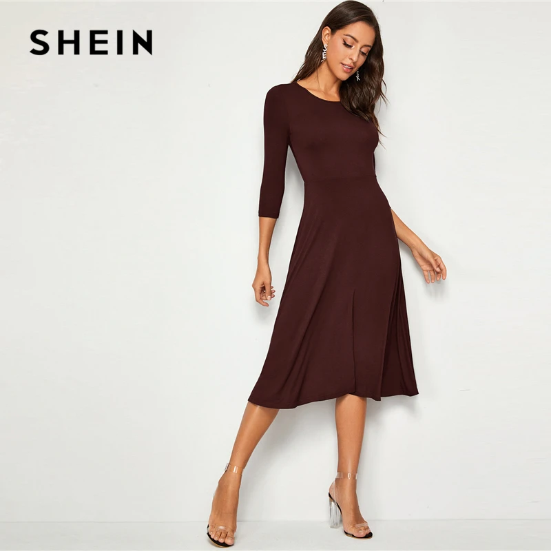 SHEIN однотонное облегающее и расклешенное эластичное элегантное платье для женщин осень 3/4 Длина рукава Высокая талия женские миди платья
