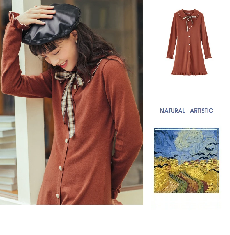 INMAN Autumn Winter New Arrival Retro Style Plaid Pattern Bow Tie Knot Young Women Lady Dress