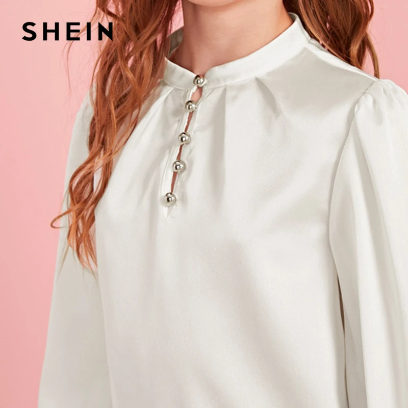 SHEIN/детская белая сатиновая блузка на пуговицах с рукавами-фонариками для девочек; рубашка; топы для детей; коллекция года; Осенние повседневные блузки с длинными рукавами