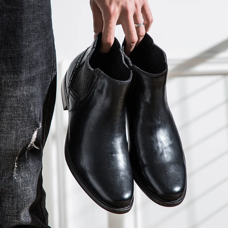 Yomior/Новинка; сезон осень-зима; мужские ботинки из натуральной кожи в винтажном стиле; деловая обувь; парадная обувь; мужские ботинки «Челси» высокого качества - Цвет: Черный