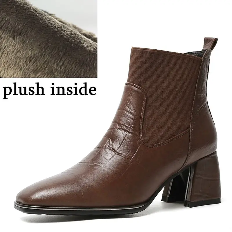 plush inside ALLBITEFO hot sale genuine leather women boots Pure color comfortable ankle boots Autumn Winter simple style fashion boots - Цвет: plush inside