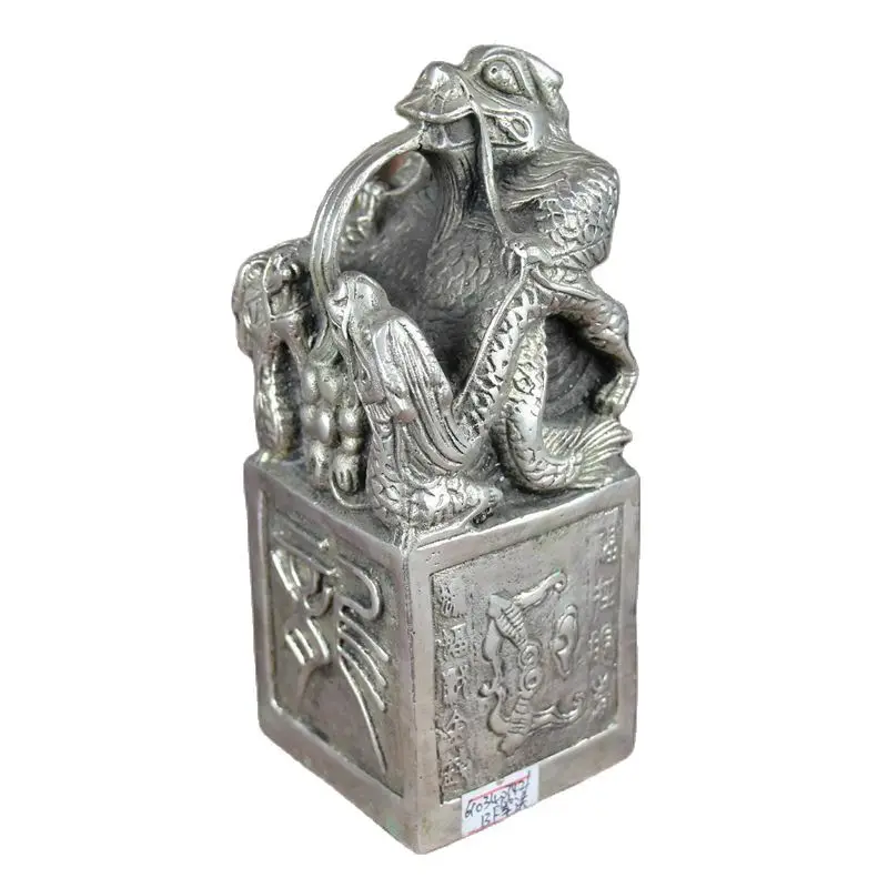 China Old Feng Shui Ornaments White Copper Silver Plating Longevity Dragon Seal | Дом и сад