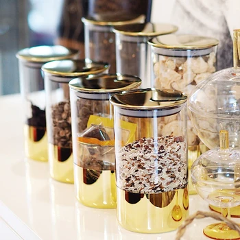 

Luxury Golden Metal+Glass Sealed Jar with Lid Transparent Kitchen Storage Jar Moisture-proof Food Storage Jar Tea Jars
