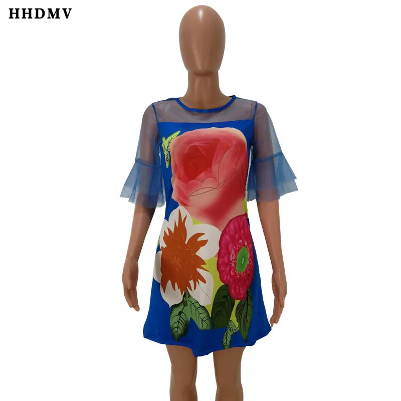 HHDMV GHM16030 летние женские элегантные уличные стильные короткие платья с коротким рукавом и круглым вырезом платья с цветами свободные платья до колен - Цвет: Тёмно-синий