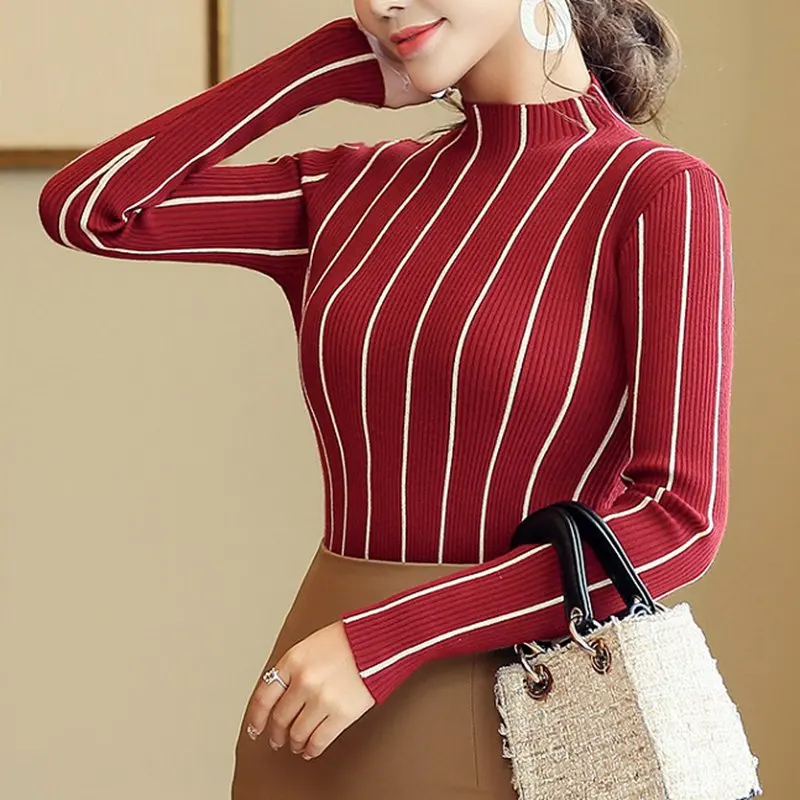Najtaniej SEXMKL Striped pulower z golfem kobiet 2019 zima gruby sweter czerwony koreański panie biuro sweter z dzianiny czarny top Pull Femme