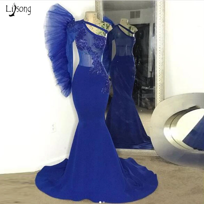 

2020 Blue Sequin Applique Mermaid Robe De Soiree Prom Gown One Shoulder 3/4 Sleeves Sexy See Through Long Evening Party Dresses