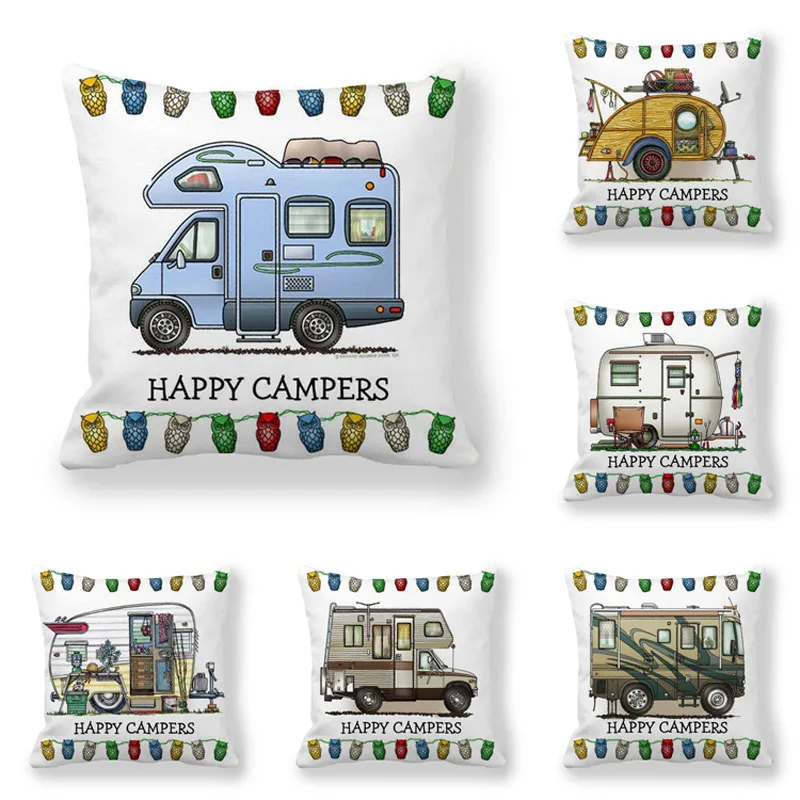 Happy Camper Pillow Case Owl Camper Throw Pillow Case Cover Decorative