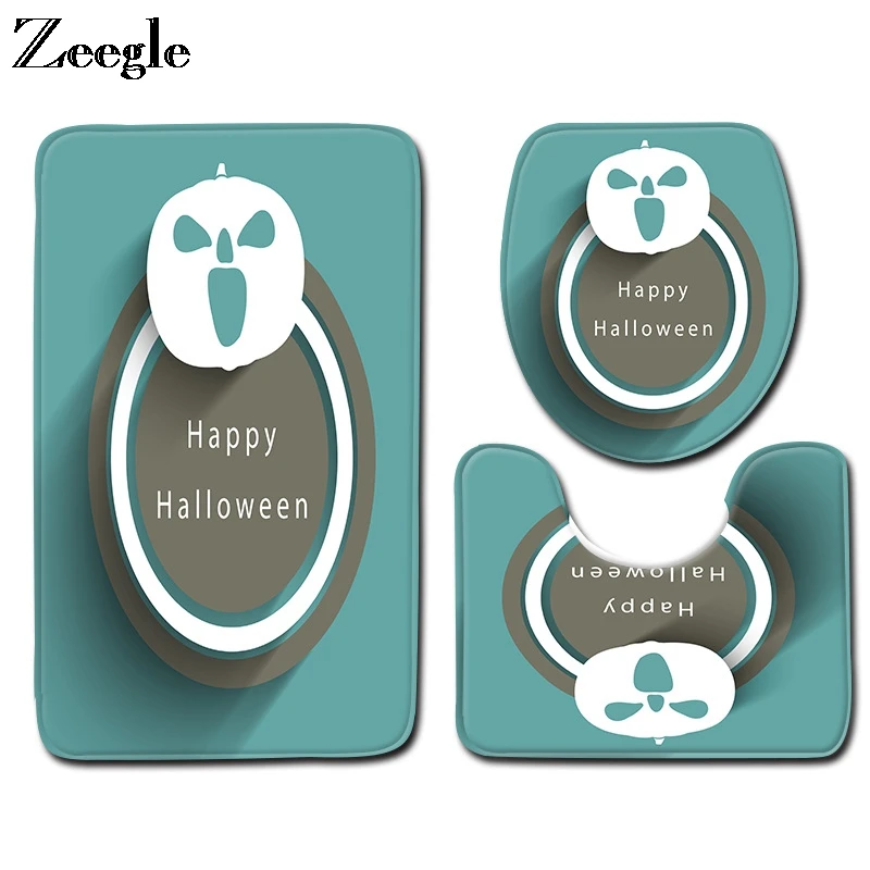 Zeegle Halloween Bathroom Carpet Set Flannel Toilet Cover Seat Mat Non-slip Bathroom Doormat Shower Mat Soft Toilet Pedestal Rug