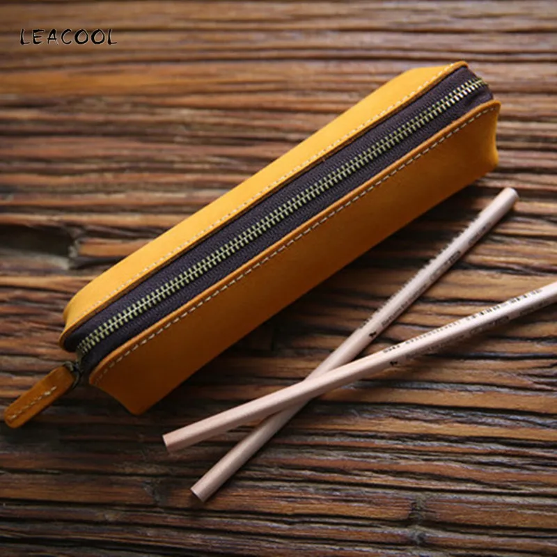 

LEACOOL Vintage Handmade Genuine Leather Pen Bag Cowhide Zipper Men Mens Women Children Long Pencil Bags Case Holder