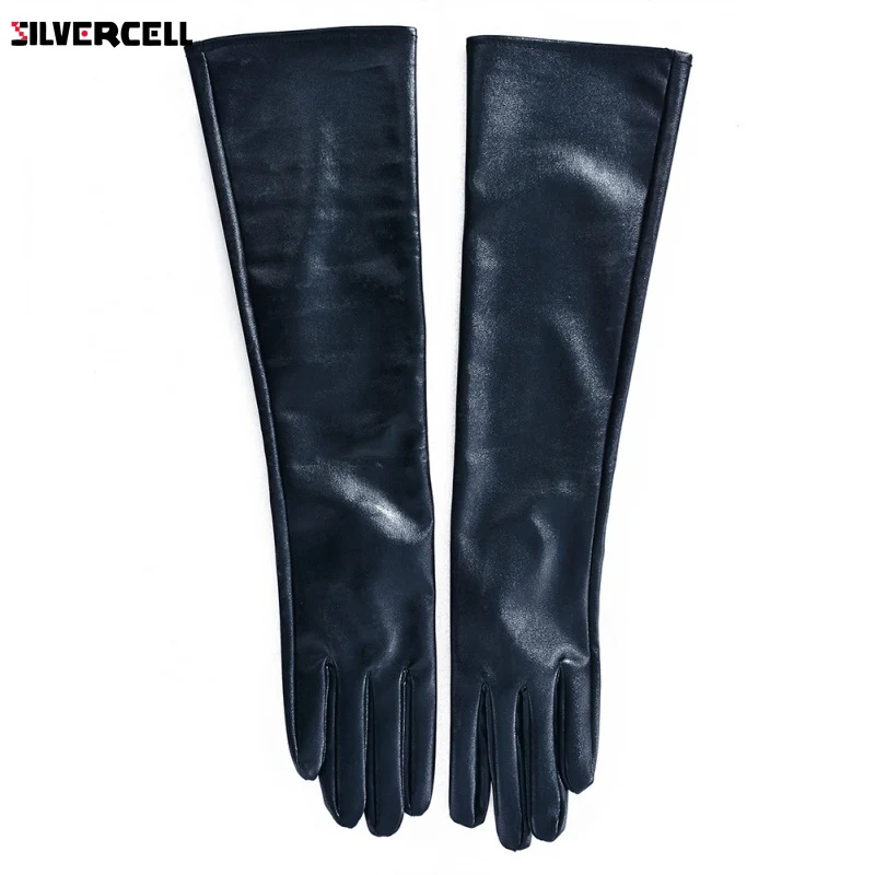 Women PU Faux Leather Elbow Gloves Winter Long Gloves Warm Lined Finger Gloves M-XL