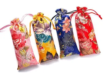 

Lengthen Flower Drawstring Pouch Brocade Bag Chinese Silk Fabric Gift Bag Pouches Wood Comb Jewelry Necklace Bag Wholesale