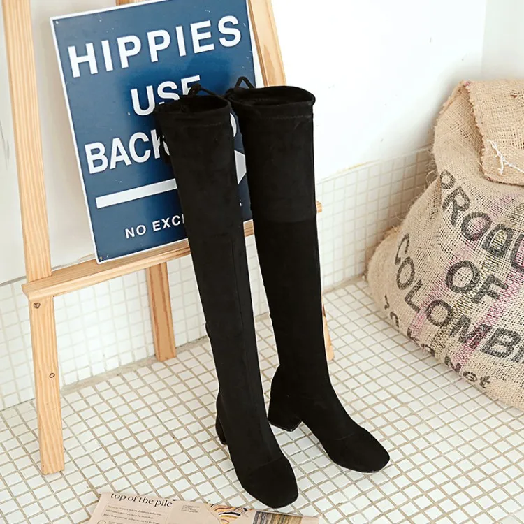 NASBAVI new Elastic Slim Fit Over The Knee Boots Women Winter thigh Lace up ladies mid heel Solid color long boot