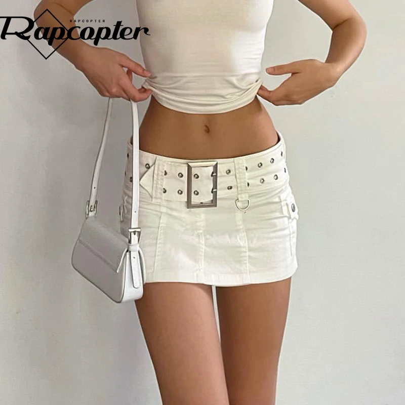 Rapcopter Belt Jeans Skirts Solid Pockets Retro Denim Short Skirts Y2k
