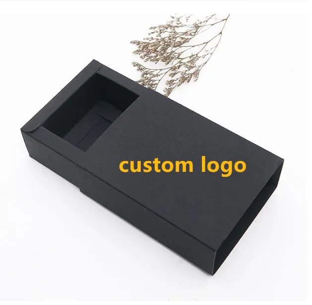 

100pcs Custom Logo Black Cardboard Box Drawer Style Paper Box Logo Packaging Boxes