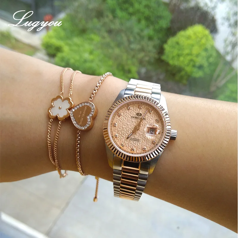 Rose Gold Lugyou женские часы золотые топ брендовые Роскошные автоматические ETA2671 бриллиантовая огранка женские наручные часы с металлической лентой бесплатный драгоценный подарок - Цвет: Rose Gold