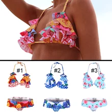 Милые стильные купальные костюмы для девушек, одежда для плавания, полиэстеровый эластичный купальник для девочек, сексуальный комплект бикини, цветочный плиссированный купальник с оборками, пляжный купальник ming
