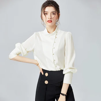 

100% Heavy Silk Satin Women's Shirt Stand Collar Long Sleeves Elegant Fashion Blouse Tops Camisa