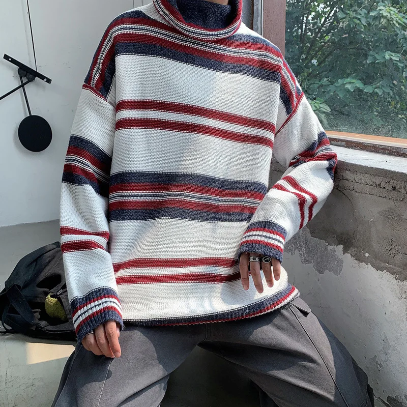 Winter Turtleneck Sweater Men Warm Fashion Contrast Casual Knit Sweater Men Sweter Loose Long Sleeve Striped Sweater Clothes Winter Turtleneck Sweater Men Warm Fashion Contrast Casual Knit Sweater Men Sweter Loose Long Sleeve Striped Sweater Clothes