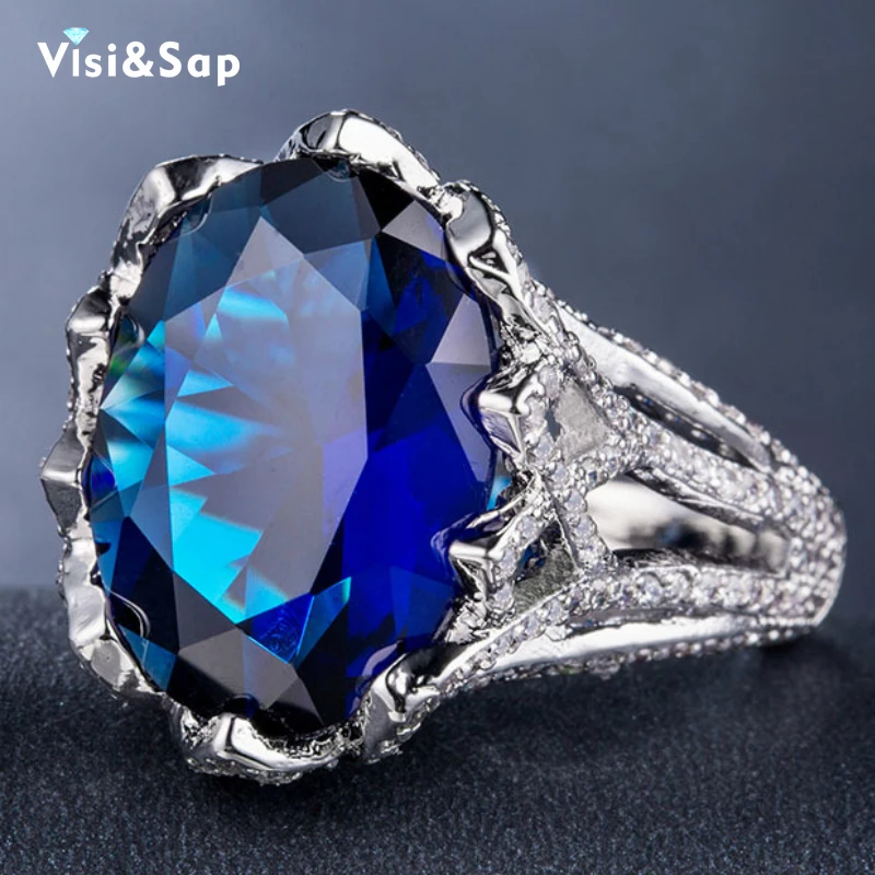 Visisap роскошный большой 10ct Синий Циркон Icedout кольца для женщин оптовая продажа юбилей подарки кольцо Винтаж поставщик ювелирных изделий B943