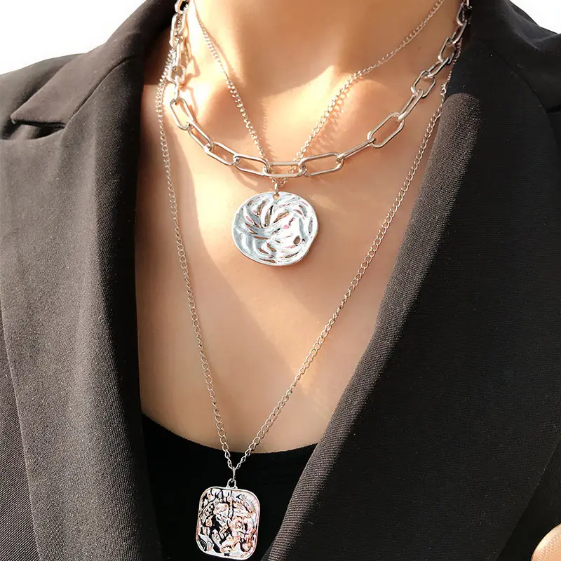 JUST FEEL Vintage Gold Silver Color Portrait Round Coin Choker Necklace Women Multi-layer Pendant Necklace Statement Accessories
