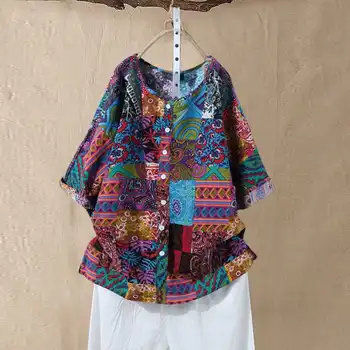 

Vintage Printed Shirts Women's Floral Blouse ZANZEA 2020 Button Down 3/4 Sleeve Blusas Female O Neck Tunic Plus Size Tee Shirt