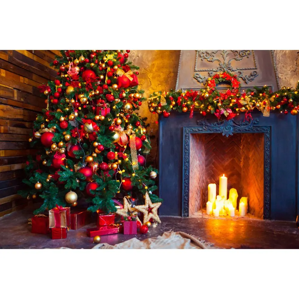 Yeele Christmas Tree Fireplace Bell Light Candle Interior Deco Photography Backgrounds Photographic Backdrops for Photo Studio - Цвет: NBK09078