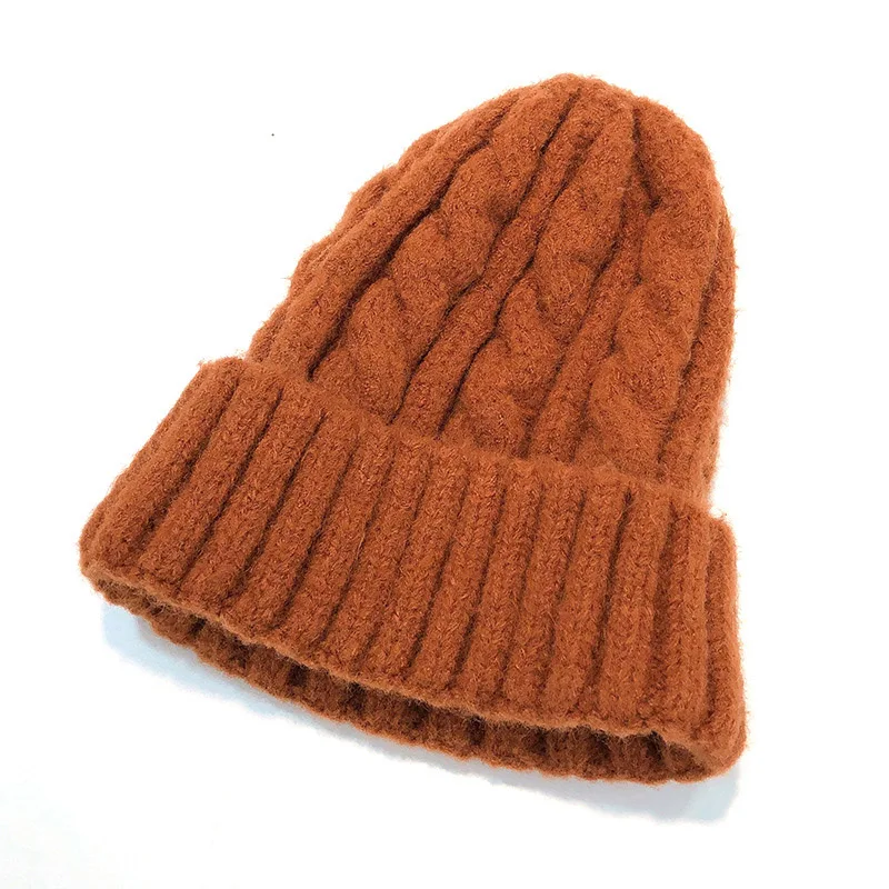 New trend hat wool hat Korean version of the wild outdoor thick warm knitted hat pure color twist hat - Color: Orange