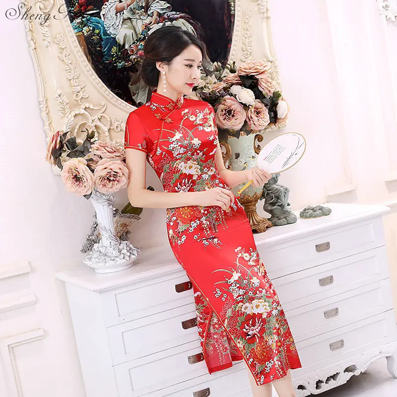 Длинный стиль Cheongsam Qipao для женщин китайское традиционное облегающее платье восточный, Азиатский Новогоднее свадебное платье V1693