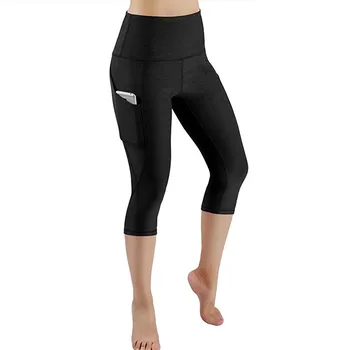 

High Waist Elasticity Sports Pants With Pockets Tummy Control Capris For Women Buttock liftingStretch Capri Leggings Pants#4.8