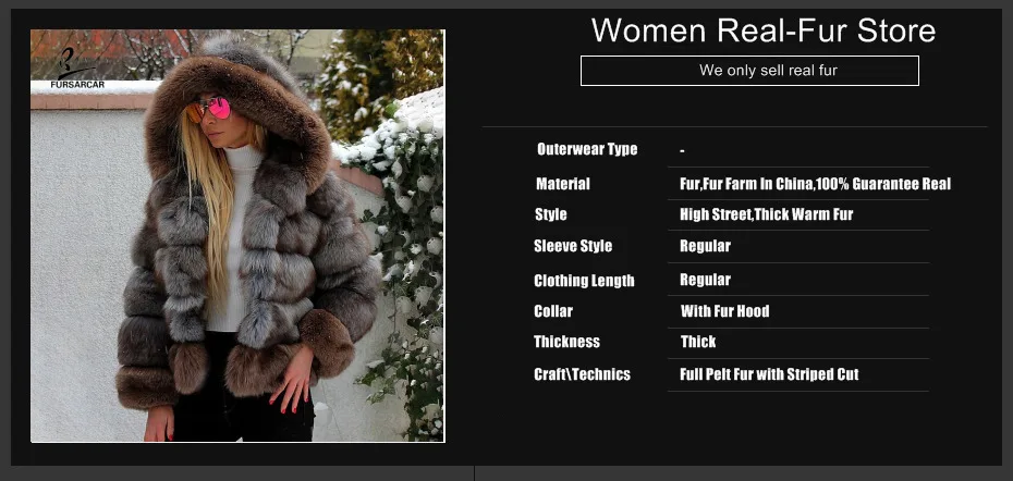 FURSARCAR Ombre Real Blue Fox Fur Winter Coat And Jacket For Women With Hood New Fashion Luxury Thick Warm Female Clothes