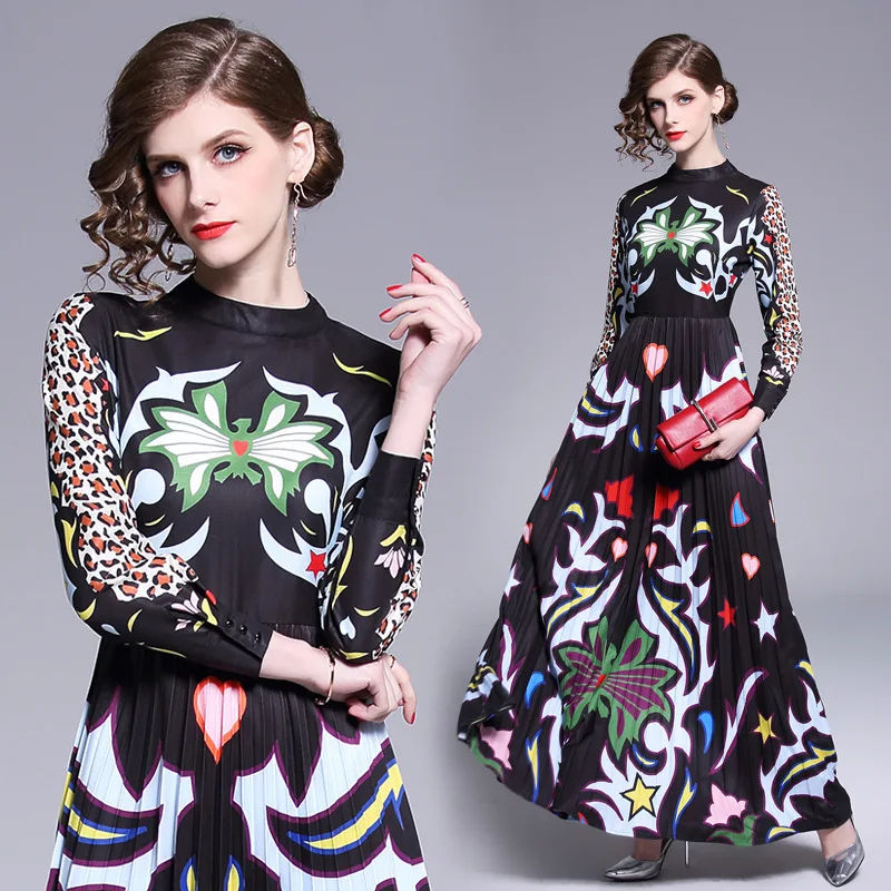 

5395-Spring Catwalk Models Stand Collar Slimming High-waisted Pleated Abstract Leopord Pattern Long Dress Women's