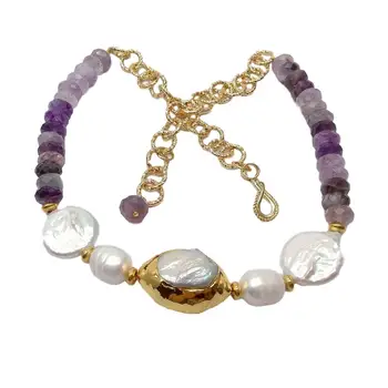 

Natural Cultured White Keshi Pearl facetedRondelle Amethysts gold color plated chain choker Necklace 19" for women