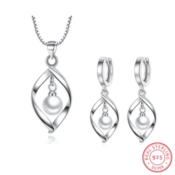 Conjunto de joyas de plata de ley 925 para mujer, collar de gota de agua con giro de perla + pendientes, joyas de plata