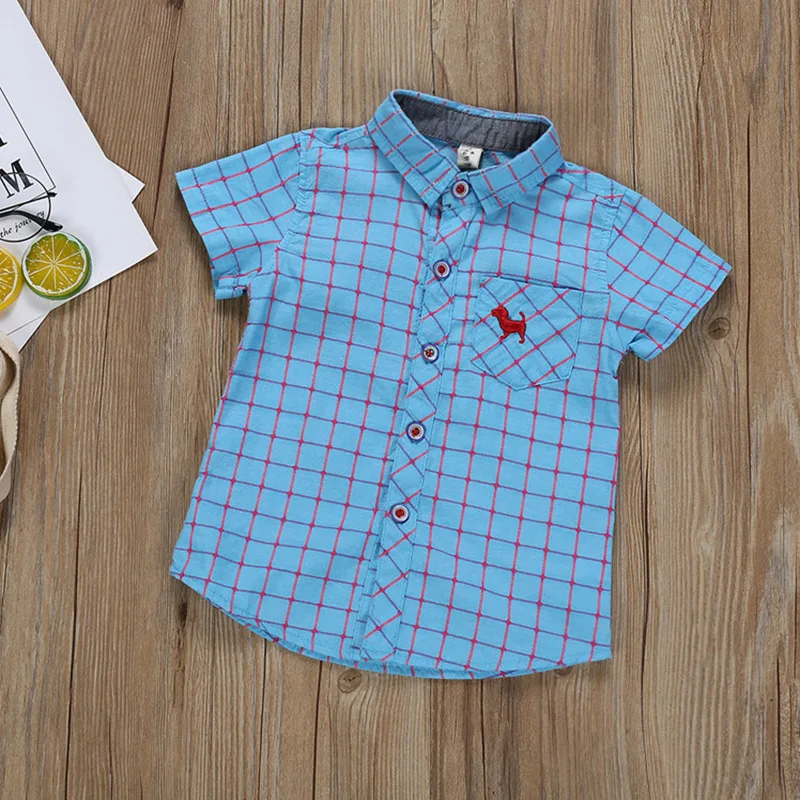 Детская хлопковая рубашка с короткими рукавами для мальчиков; летние клетчатые топы с принтом щенка; футболки; Повседневная Блузка