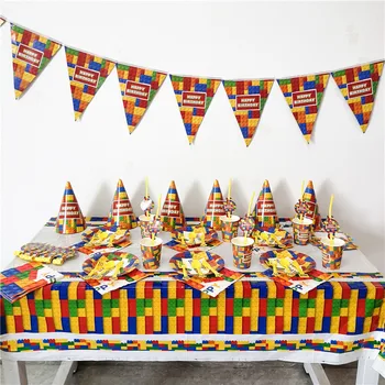 

93pcs/set Blocks Theme Party Paper Plate Cup Napkin Banner Straw Tablecloth Kid Birthday Party Decor Supply Disposable Tableware