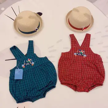 

Children's cartoon embroidered plaid print sleeveless overalls Sweet cotton overalls for boys and girls toddler rompers