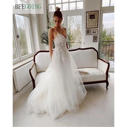 Sexy V-Neck Tulle Lace Appliques Beading Spaghetti Straps Floor-Length Bridal Gowns A-Line Wedding Dresses Chapel Train