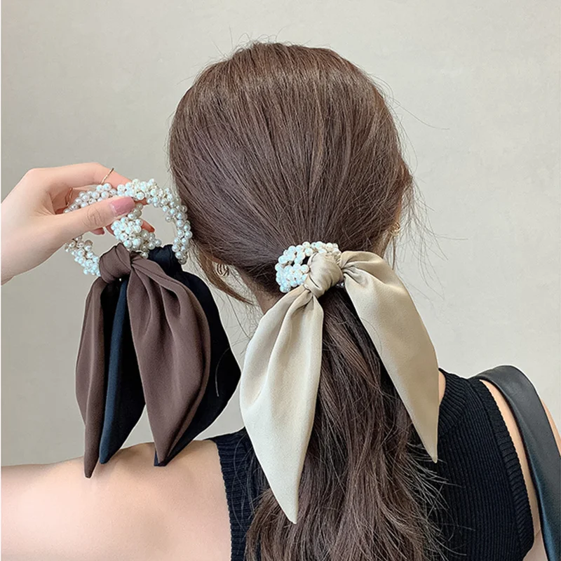 New Fashion Elegant Pearl Silky Scarf Streamer Scrunchies Elastic Hair