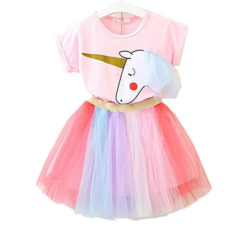 

Hot Selling Childrenswear Two-Piece Set Unicorn T-shirt + Mesh Skirt Set a Generation of Fat Girls Summer Chiffon Dress