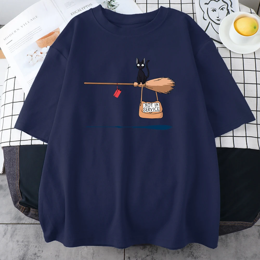 Cute Cat Not In Service Comics Printing Women Soft Cartoons Soft Tshirt Fashion Crewneck Tshirts Vintage Loose T Shirts Couple long sleeve t shirts