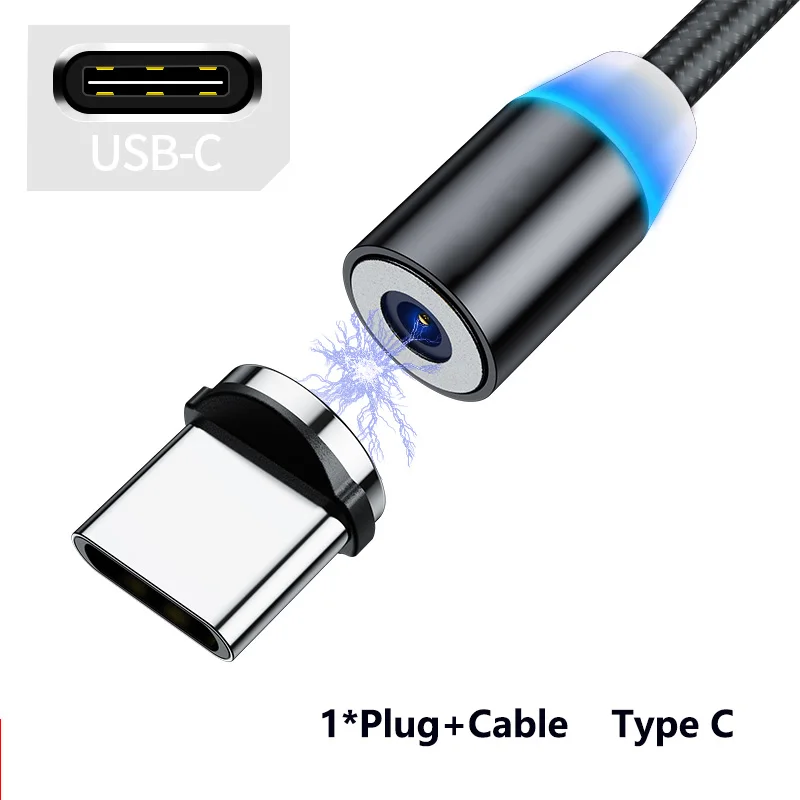 1 м светодиодный магнитный usb-кабель для iPhone Xs Max 8 7 6 и кабель USB type C и кабель Micro usb для samsung Xiaomi huawei автомобильный телефонный кабель - Название цвета: Type C Cable-Black