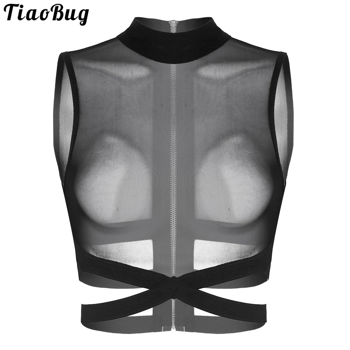 

TiaoBug Summer Black Women Sleeveless Round Neck Sheer Mesh Zipper Back Elastic Strappy Criss Cross Crop Top Shirts