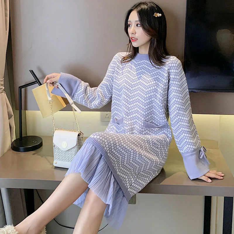 

2020 Spring Women Clothing New Sweater Large Size Women's Long Thick Knee Stripe Knit Dress