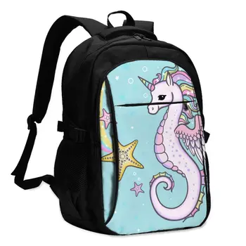 

Backpack USB Charge Women Rainbow Seahorse Unicorn With Starfish Student Backpack Letters Print School Bag TeenagerBackpack