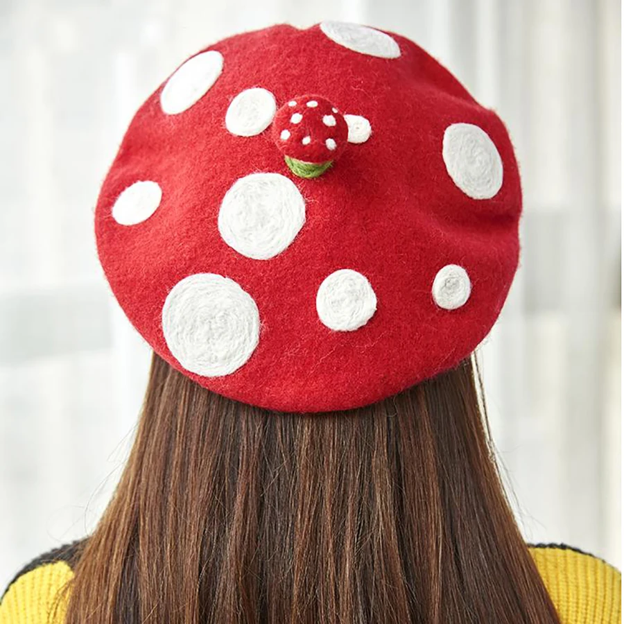 Милый красный гриб женские береты ручной работы шерстяная шапка в белый горошек ручная шерстяная шляпа День рождения подарок для девочки зимняя шерсть теплый берет