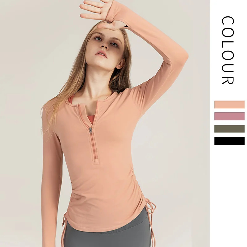 

Autumn Long Sleeves Pull-rope Yoga Shirt Leisure Body-building Fast-dry Running Zipper Sportswear Women Yoga Tops