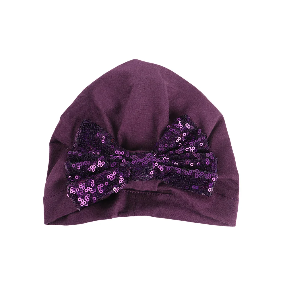 Purple Мягкая эластичная шапочка для маленьких девочек; Милая блестящая чалма с бантиком; шапка; TOSYS0312 - Color: Purple