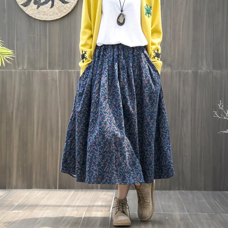 Spring Autumn Arts Style Elastic Waist Cotton Linen A-line Long Skirt Women Loose Casual Vintage Floral Skirt high quality S364 1