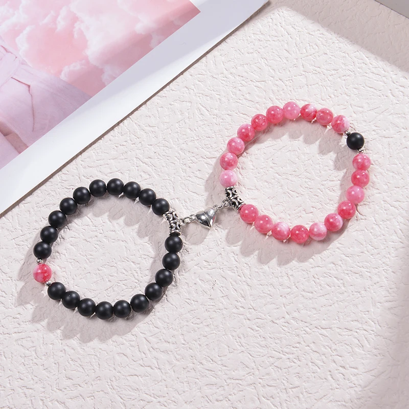 Fashion 2pcs/set Couple Bracelets Natural Stone Beads Bracelet Heart shaped Magnet Attraction Bracelet for Lovers Jewelry